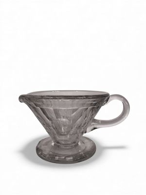a close up of a glass coffee cup on a saucer