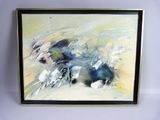 une peinture abstraite représentant des fleurs bleues et blanches, dans un cadre noir