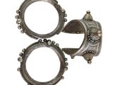 two silver rings with beads on them on a white background