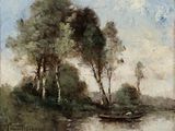 une peinture représentant un bateau sur l'eau, près d'arbres