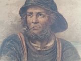 painting of a man with a pipe in his mouth and a hat on his head