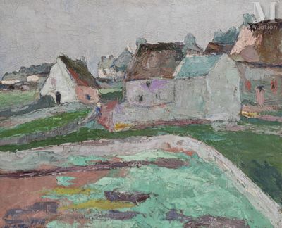 a painting of a village on a hill with houses