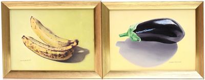 two paintings of bananas and an eggplant on a yellow background