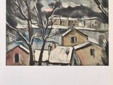 une image d'un tableau représentant un village dans la neige