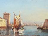 une peinture représentant une scène portuaire avec des bateaux dans l'eau