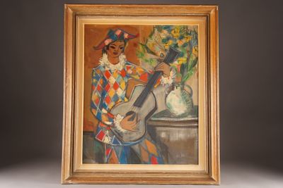 an oil painting of a man playing a guitar in front of a vase of flowers