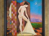 a painting of a nude woman standing in a room with a checkered floor