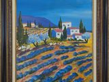 a painting of a landscape with blue flowers and trees