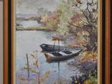 a painting of a boat on the water in a frame