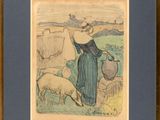 tableau représentant une femme et un chien dans un champ avec des moutons