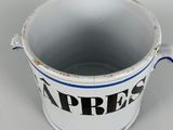 a white bucket with a black and white logo on it