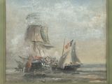 painting of two ships in a body of water with a sky background