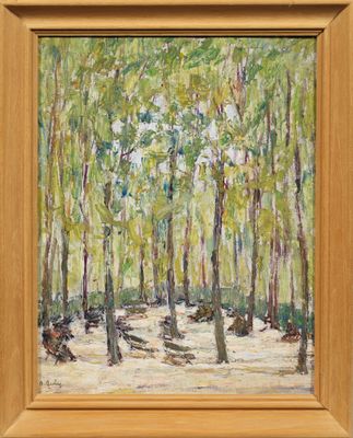 une peinture à l'huile représentant une scène de forêt avec un banc au premier plan