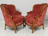 pair of antique french style chairs with red velvet upholstered seats