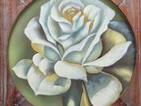 a painting of a white rose in a wooden frame
