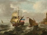 un tableau représentant deux bateaux sur l'eau, avec un phare en arrière-plan