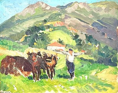 a painting of a man standing in a field with horses