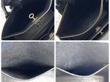 four photos of a black purse with a gold zipper