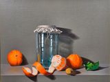 a painting of oranges and a jar on a shelf