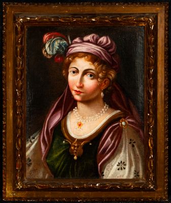 portrait of a woman in a pink turban and green dress
