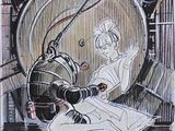 drawing of a woman sitting in a barrel with a gun in her hand