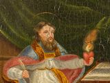 an image of a painting of a man sitting at a table with a book and an apple