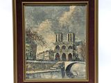 an old painting of a bridge over a river with a building in the background