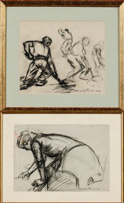 deux dessins encadrés représentant un homme à genoux et une femme à genoux
