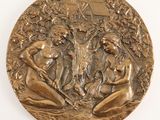 an image of a bronze plaque depicting three women in a garden