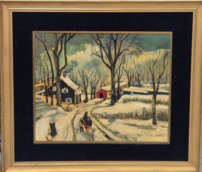 painting of a snowy country scene with a horse drawn carriage
