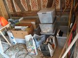 a pile of boxes and other items in a room