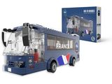 a blue lego bus with a box in the background