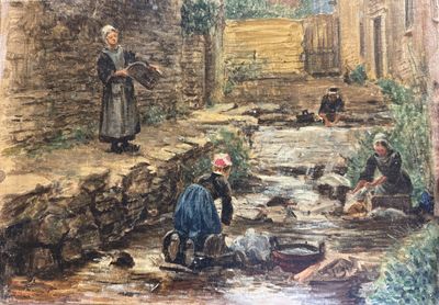 a picture of a painting of a woman in a village
