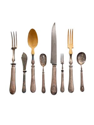 five forks and a knife on a white background