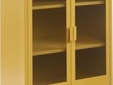 a close up of a yellow cabinet with glass doors on a white background