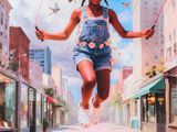 a young girl that is jumping in the air with a frisbee