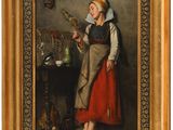 un vieux tableau représentant une femme avec un oiseau en cage