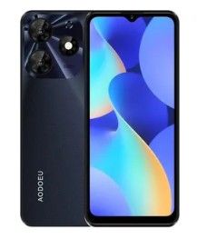 a black smartphone with a blue screen and a white background