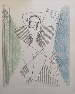 dessin représentant une femme assise sur une chaise, avec une guitare devant elle