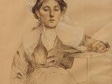 un vieux dessin représentant une femme assise à une table, coiffée d'un chapeau