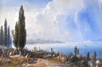 un tableau représentant une vue d'un lac avec des bateaux sur l'eau