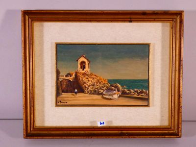 painting of a lighthouse on a rocky beach with a boat in the foreground