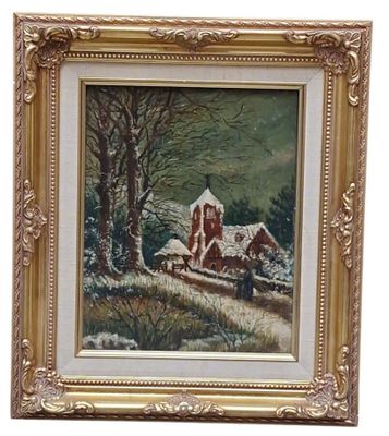 an image of a painting of a house in the snow