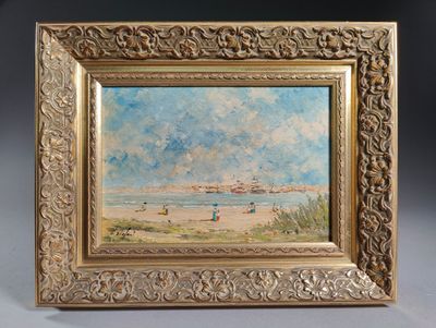 une peinture à l'huile représentant une scène de plage, dans un cadre doré