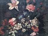a painting of flowers in a vase on a table