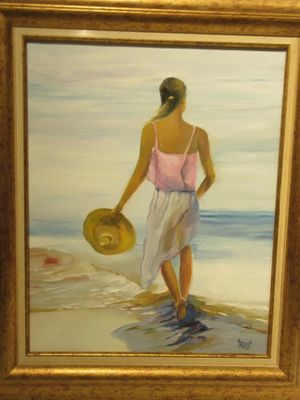 painting of a woman walking on the beach with a hat