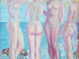 painting of three women on the beach by the ocean