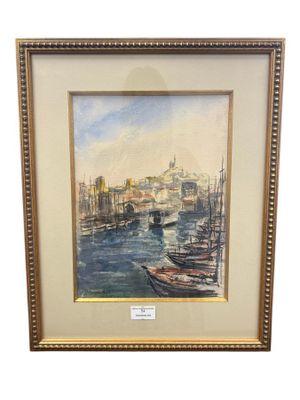 tableau représentant des bateaux dans un port, avec une ville en arrière-plan