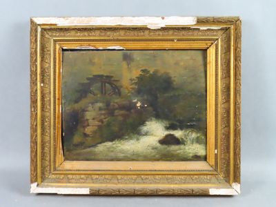 an oil painting of a river scene with a bridge in the background