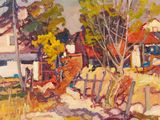 une peinture à l'huile représentant une scène de ferme avec une maison à l'arrière-plan